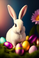 A white easter bunny is sitting behind some colorful easter eggs on the grass