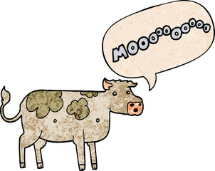 cartoon cow and speech bubble in retro texture style