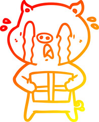 warm gradient line drawing crying pig cartoon delivering christmas present