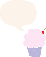 cartoon cupcake and speech bubble in retro style