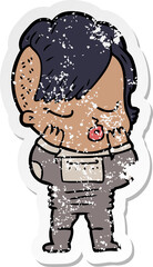 distressed sticker of a cartoon pretty hipster girl