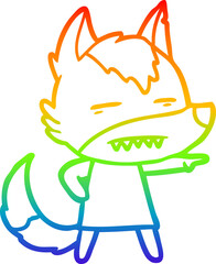 rainbow gradient line drawing cartoon wolf showing teeth