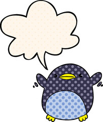 cute cartoon penguin flapping wings and speech bubble in comic book style