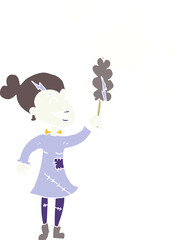 flat color illustration of a cartoon zombie woman dusting