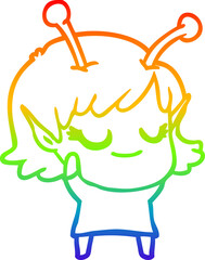 rainbow gradient line drawing smiling alien girl cartoon