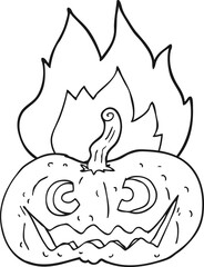 black and white cartoon flaming halloween pumpkin