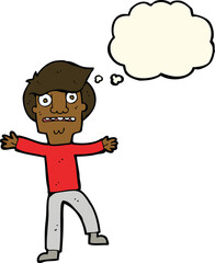 cartoon boy panicking with thought bubble