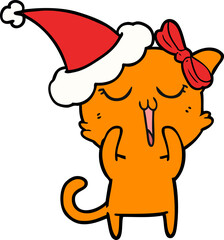 line drawing of a cat wearing santa hat