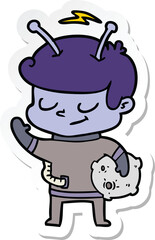 sticker of a friendly cartoon spaceman holding meteor