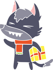 angry christmas wolf flat color style cartoon