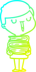 cold gradient line drawing cartoon happy boy with stack of books
