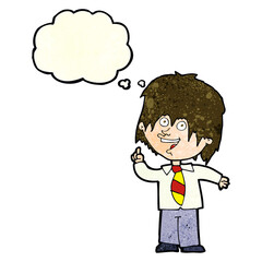 cartoon school boy with idea with thought bubble