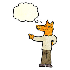 cartoon pointing fox man with thought bubble