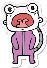 sticker of a cartoon weird alien communicating