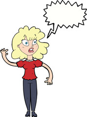 cartoon worried woman waving with speech bubble