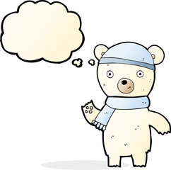 cartoon waving polar bear with thought bubble