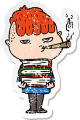 distressed sticker of a cartoon man smoking