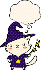 cartoon cat wizard and thought bubble in comic book style