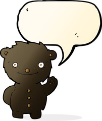 cartoon waving black bear with speech bubble
