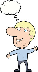 cartoon waving man with thought bubble
