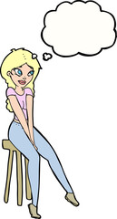 cartoon pretty girl on stool with thought bubble