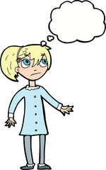 cartoon worried girl with thought bubble