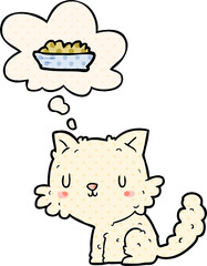cartoon cat and food and thought bubble in comic book style