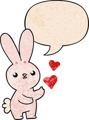 cute cartoon rabbit and love hearts and speech bubble in retro texture style