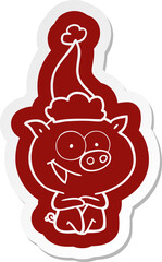 cheerful sitting pig cartoon  sticker of a wearing santa hat