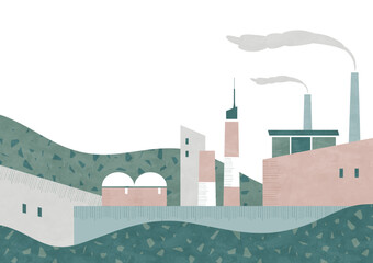 工場と自然の風景 エコや環境問題についての水彩背景イラスト