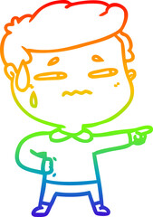 rainbow gradient line drawing cartoon anxious man pointing