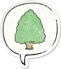 cartoon tall tree and speech bubble distressed sticker