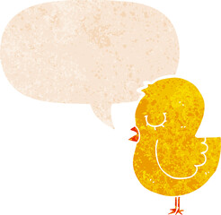 cartoon bird and speech bubble in retro textured style