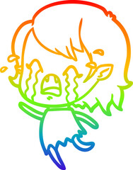 rainbow gradient line drawing cartoon crying vampire girl