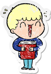distressed sticker of a laughing cartoon man holding book