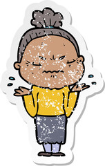 distressed sticker of a cartoon annoyed old lady