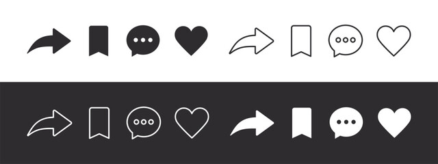 Social network signs set. Like, comment, share and save icons. Social media functional icons. Vector images - obrazy, fototapety, plakaty