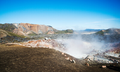 Amazing volcanic landscape in Iceland with smoke