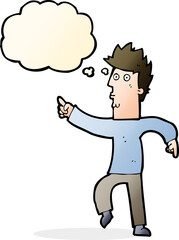 cartoon worried man pointing with thought bubble