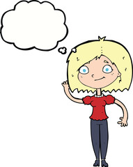 cartoon woman waving with thought bubble