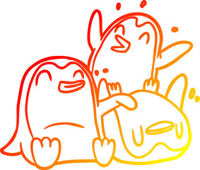 warm gradient line drawing happy penguins