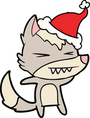 angry wolf line drawing of a wearing santa hat