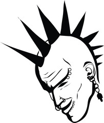dessin vector black and white illustration of a half-bald headed punk man with hair curled up some ornaments rings and circles on his face on his nose and earrings on his ears and rings on his lips an