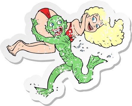 retro distressed sticker of a cartoon swamp monster carrying girl in bikini