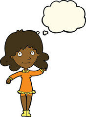 cartoon friendly woman waving with thought bubble