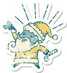 grunge sticker of tattoo style santa claus christmas character celebrating
