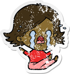 distressed sticker of a cartoon woman crying