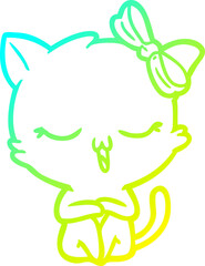 cold gradient line drawing cartoon cat with bow on head