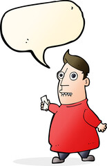 cartoon nervous man with tickets with speech bubble