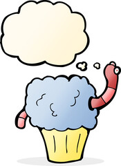 cartoon worm in cupcake with thought bubble